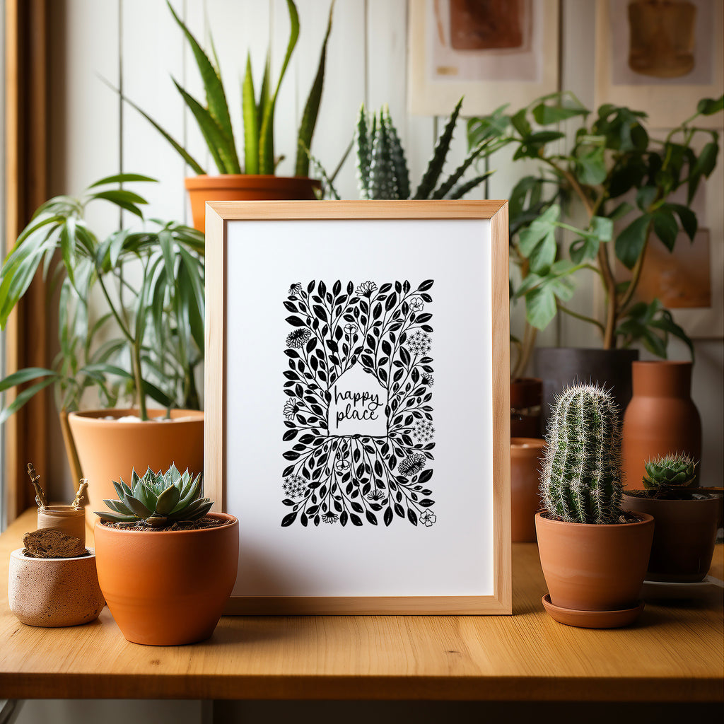Happy Place screen print in a wood frame  sitting on a table  surrounded by potted plants and cacti