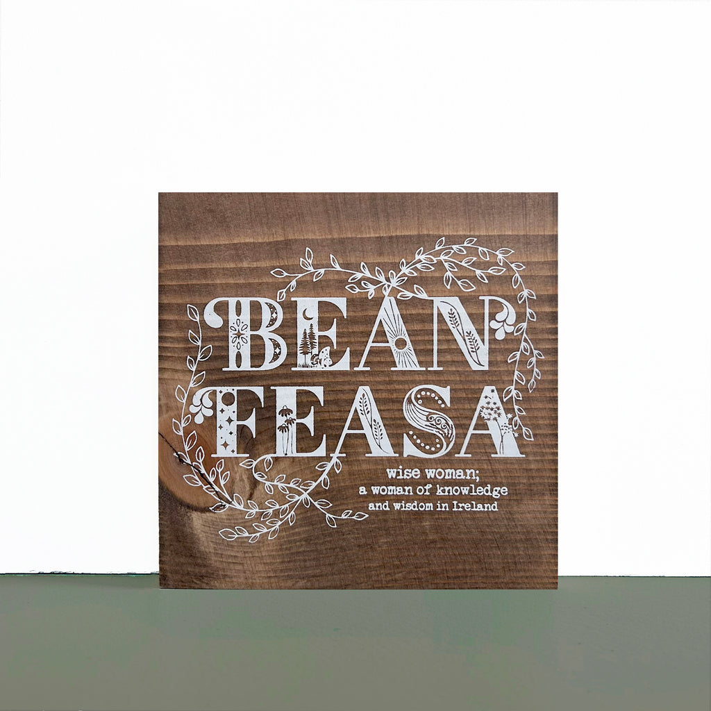 bean feasa small square wood sign sitting on a green shelf against a white wall