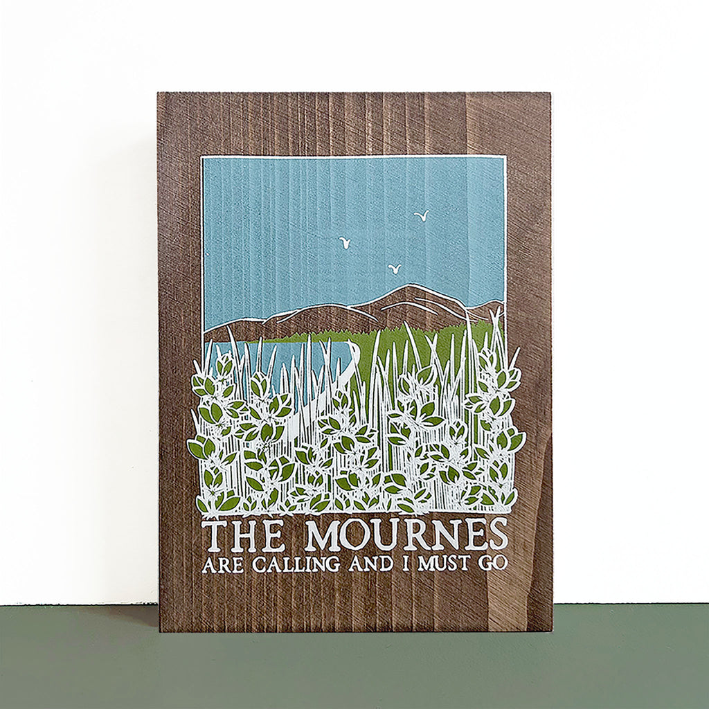 The Mournes are calling... wood sign sitting on a green shelf against a white wall