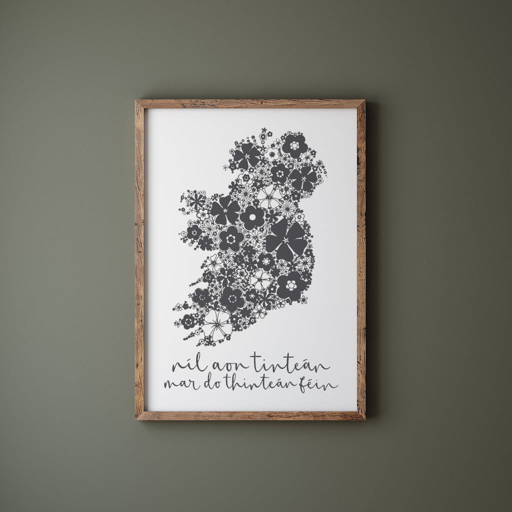 Grey Irish screen print with Ireland in a wood frame hanging on a green wall