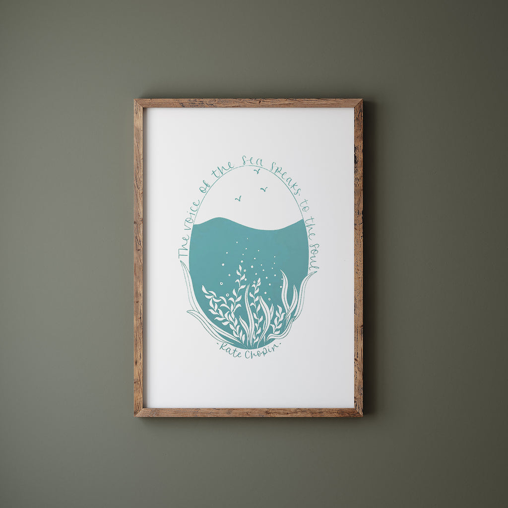 Voice of the sea... screen print in a wood frame hanging on a green wall
