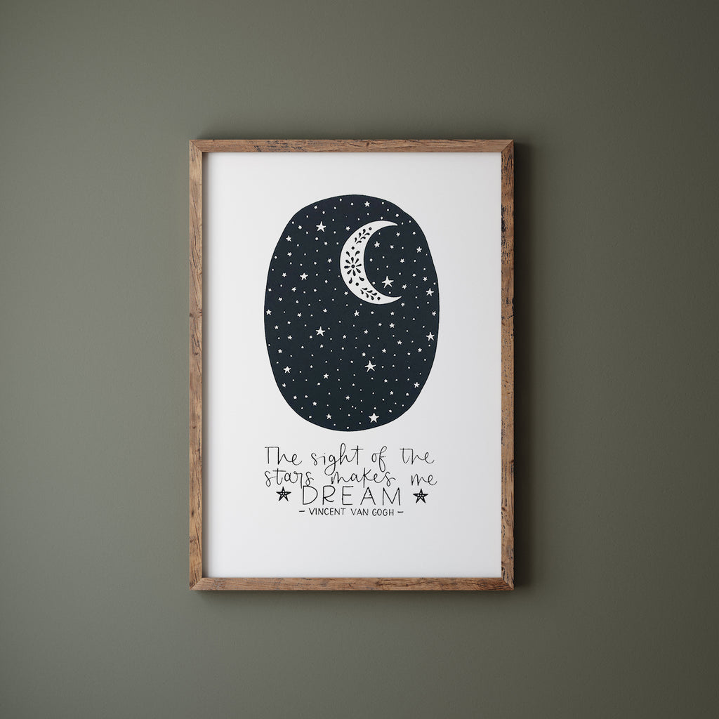 Stars screen print in a wood frame hanging on a green wall
