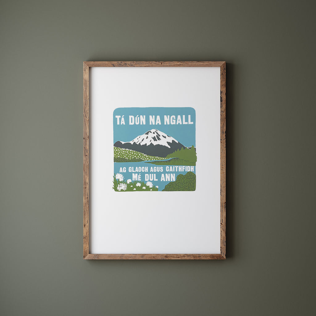 Irish Donegal screen print in a wood frame hanging on a green wall