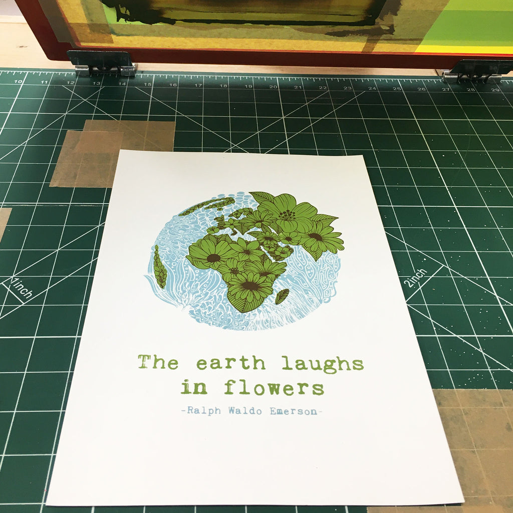 Floral earth screen print on the printing table